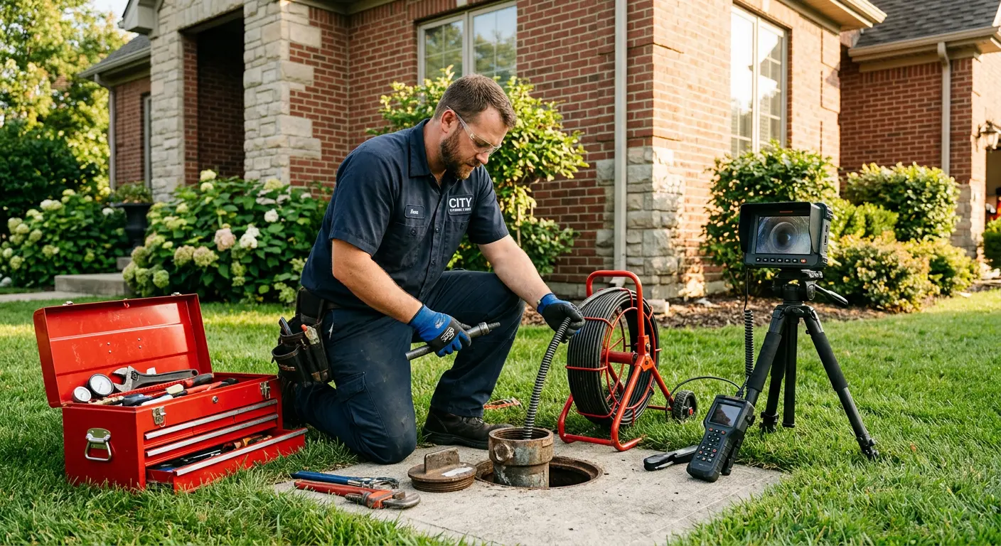 Sewer specialist with camera equipment servicing a cleanout in Belton