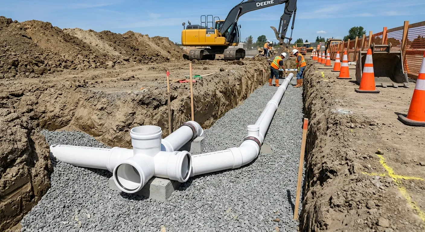 New PVC sewer pipe installation in open trench for Sewer Backup in Belton